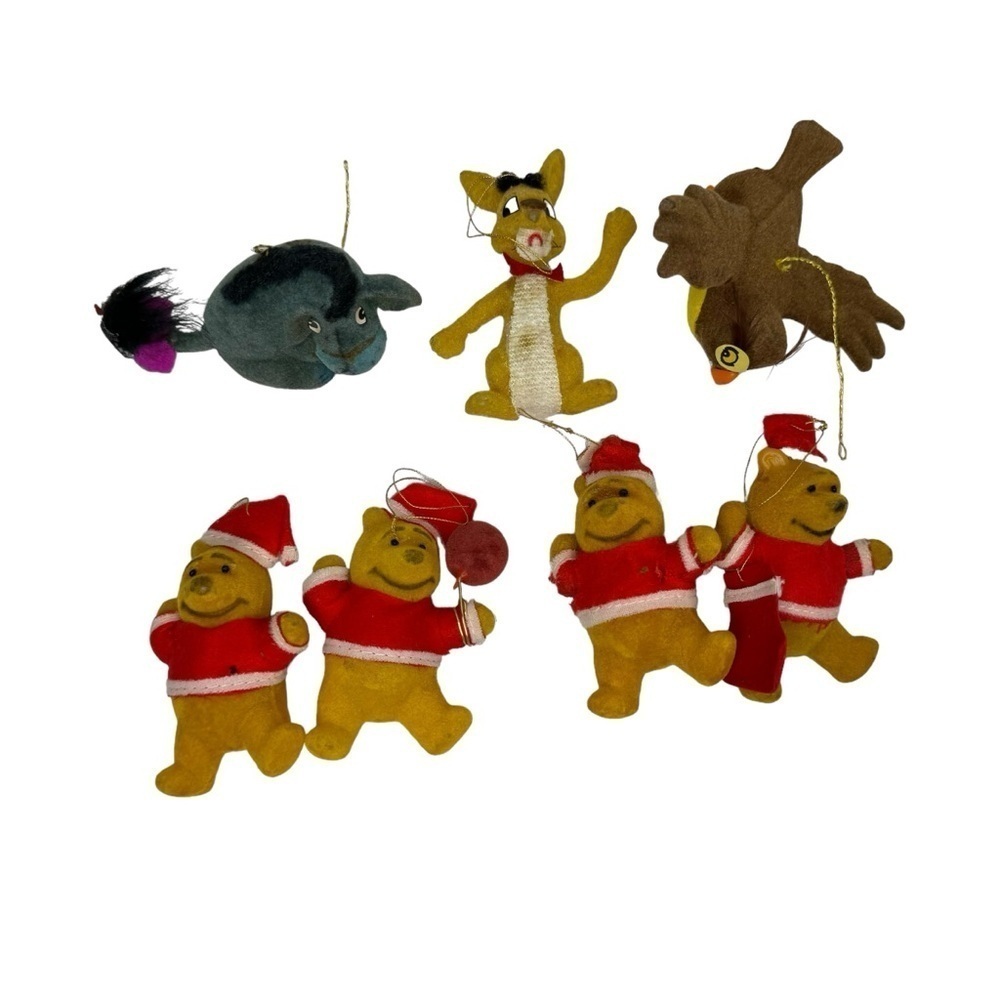 Vintage 70s Walt Disney 7 Winnie the Pooh flocked ornaments Eeyore Owl Set Lot